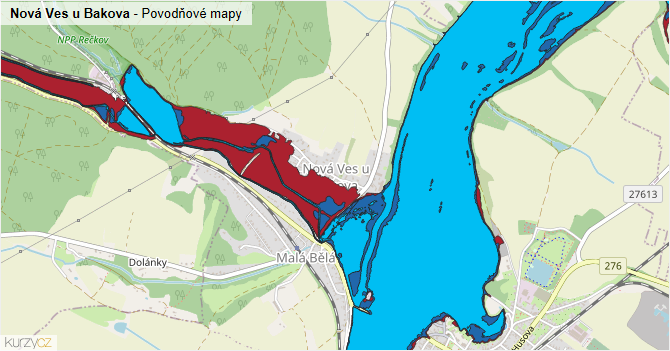 Nová Ves u Bakova - záplavové mapy stoleté vody