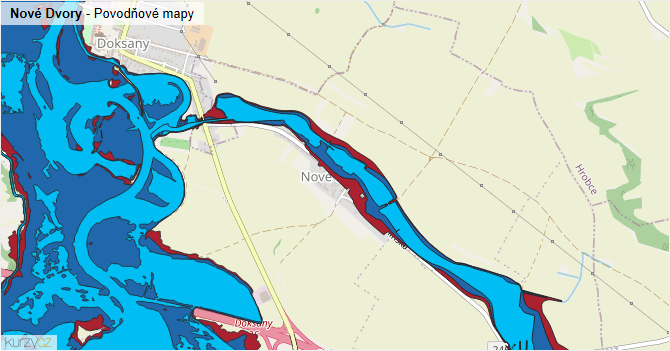 Nové Dvory - záplavové mapy stoleté vody