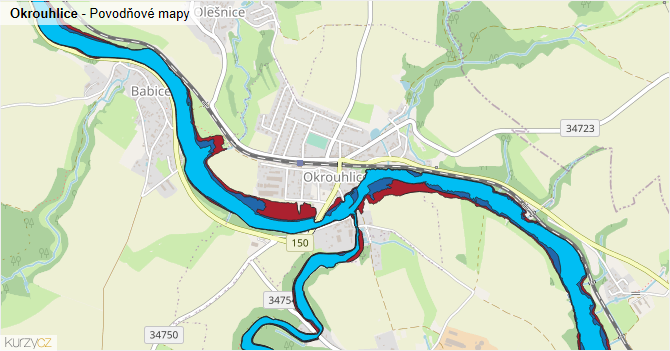 Okrouhlice - záplavové mapy stoleté vody