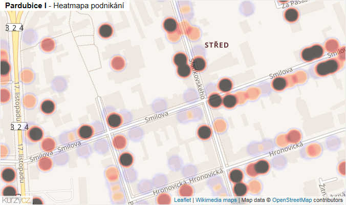Mapa Pardubice I - Firmy v městské části.