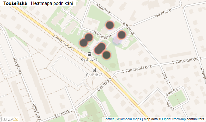 Mapa Toušeňská - Firmy v ulici.
