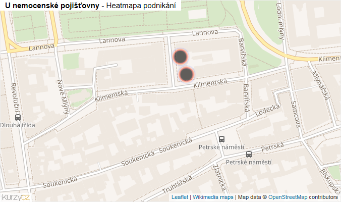 Mapa U nemocenské pojišťovny - Firmy v ulici.