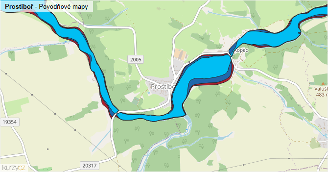 Prostiboř - záplavové mapy stoleté vody