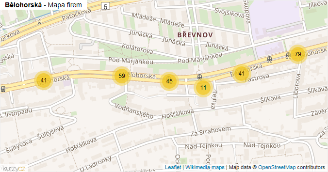 Mapa Bělohorská - Firmy v ulici.