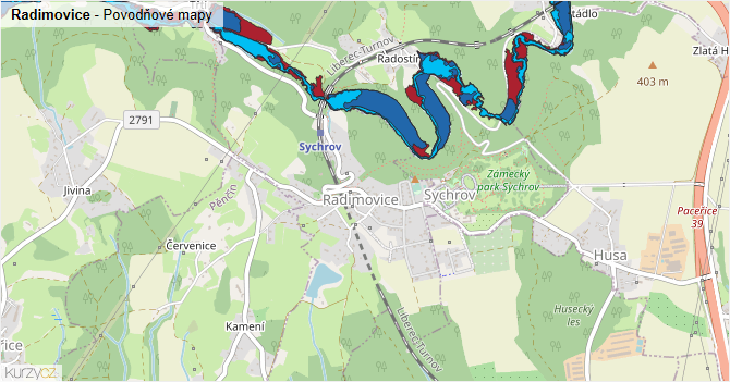 Radimovice - záplavové mapy stoleté vody