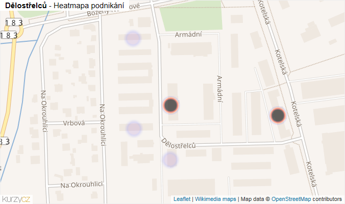 Mapa Dělostřelců - Firmy v ulici.