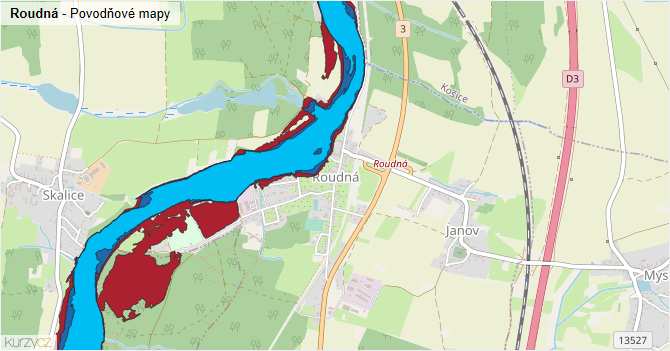 Roudná - záplavové mapy stoleté vody