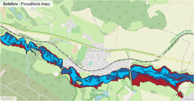 Sobíňov - záplavové mapy stoleté vody
