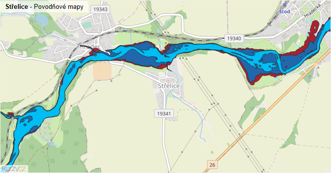 Střelice - záplavové mapy stoleté vody