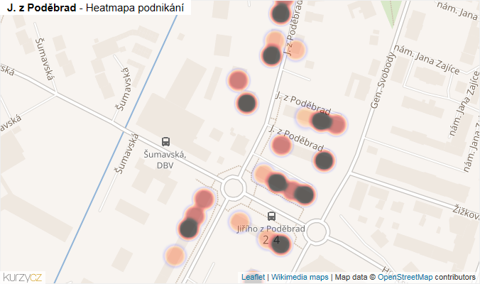 Mapa J. z Poděbrad - Firmy v ulici.