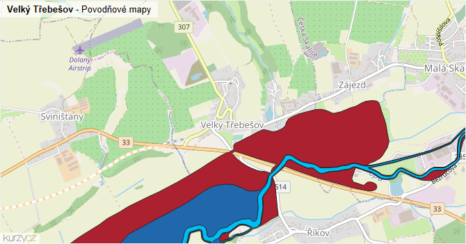 Velký Třebešov - záplavové mapy stoleté vody