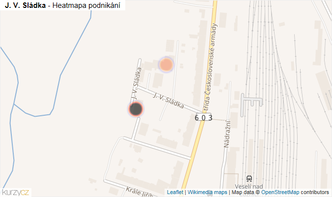 Mapa J. V. Sládka - Firmy v ulici.