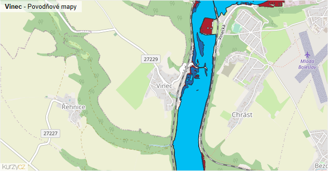 Vinec - záplavové mapy stoleté vody
