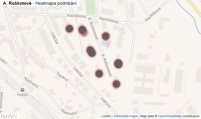 Mapa A. Roškotové - Firmy v ulici.