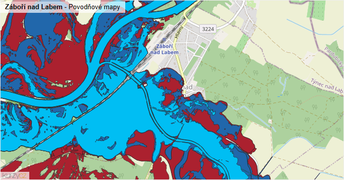 Záboří nad Labem - záplavové mapy stoleté vody