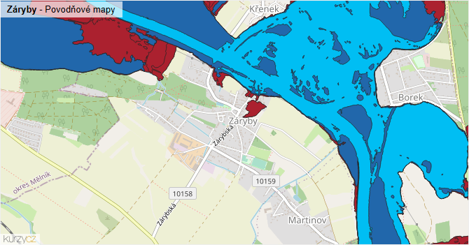 Záryby - záplavové mapy stoleté vody