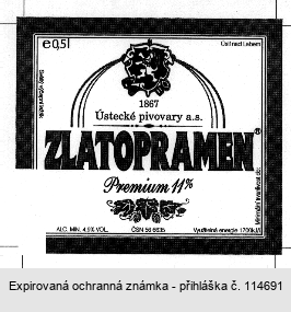 1867 Ústecké pivovary a.s. ZLATOPRAMEN Premium 11%