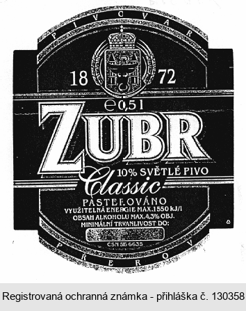 1872 ZUBR 10% SVĚTLÉ PIVO Classic