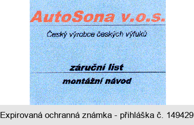 AutoSona v.o.s. Český výrobce českých výfuků záruční list montážní návod