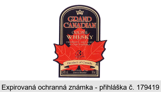 GRAND CANADIAN ORIGINAL WHISKY DISTILLED AND AGED IN OAK BARRELS 3 years old Product of Canada BOTTLED FOR UNITED BRANDS