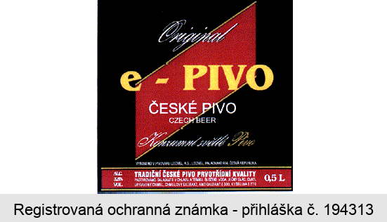 Original e - PIVO ČESKÉ PIVO CZECH BEER KONZUMNÍ SVĚTLÉ PIVO