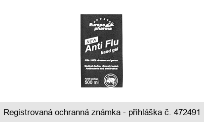Europe pharma Anti Flu hand gel Kills 100% virusses and germs. Medical device, clinicaly tested. Antibacterial and antivirotical