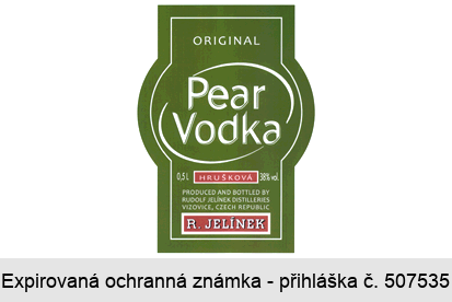 ORIGINAL Pear Vodka 0,5l HRUŠKOVÁ 38% vol. PRODUCED AND BOTTLED BY RUDOLF JELÍNEK DISTILLERIES VIZOVICE, CZECH REPUBLIC, R. JELÍNEK