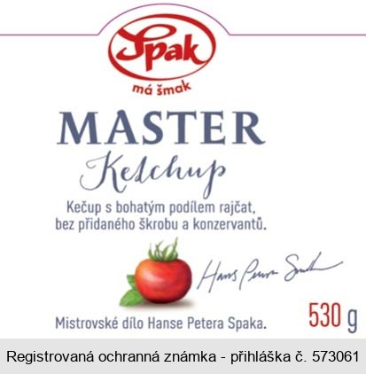 Spak má šmak MASTER Ketchup Kečup s bohatým podílem rajčat, bez přidaného škrobu a konzervantů. Mistrovské dílo Hanse Petera Spaka. 530 g