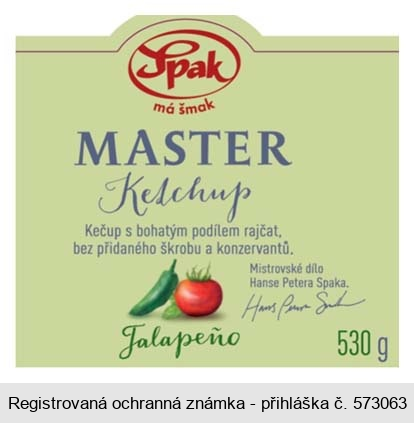 Spak má šmak MASTER Ketchup Kečup s bohatým podílem rajčat, bez přidaného škrobu a konzervantů. Mistrovské dílo Hanse Petera Spaka. Jalapeňo 530 g