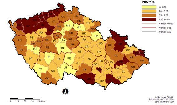Mapa Podl nezamstnanch osob (PNO) na potu obyvatel v okresech R k 30. 9. 2020