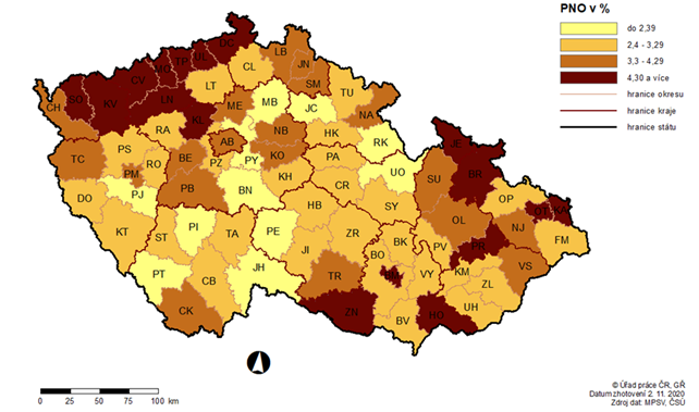 Mapa Podl nezamstnanch osob (PNO) na potu obyvatel v okresech R k 31. 10. 2020