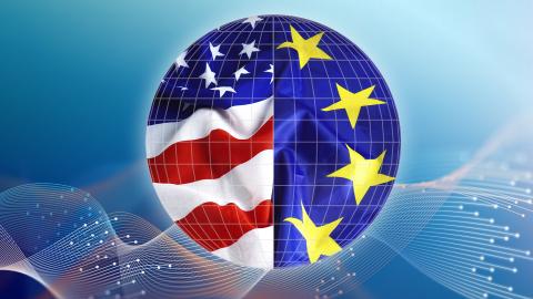 A globe with EU and US flags