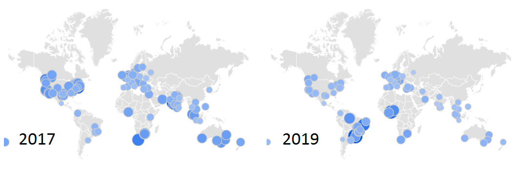 Bitcoin - Geografick zjem o Bitcoin 2017 a 2019