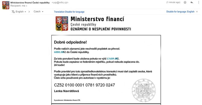Ministerstvo financ varuje ped podvodnmi e-maily