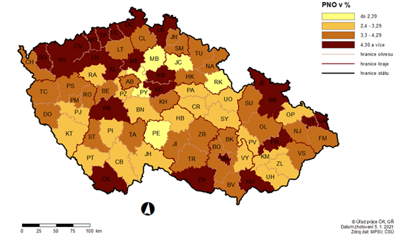 Mapa Podl nezamstnanch osob (PNO) na potu obyvatel v okresech R k 31. 12. 2020