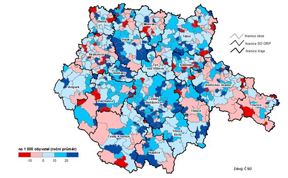 Kart. Celkov prstek/bytek obyvatel v obcch Jihoeskho kraje v letech 20182022