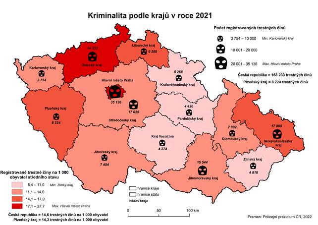 Kartogram: Kriminalita podle kraj v roce 2021