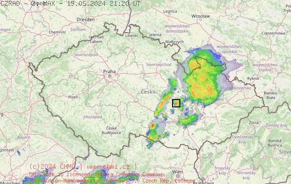 Radarový snímek ČR s kroupy - 19.05.2024 23:20