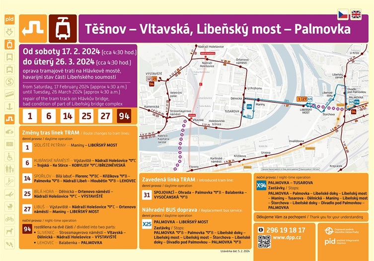 Dopravn opaten peruen provozu tramvaj v seku Libesk most  Palmovka