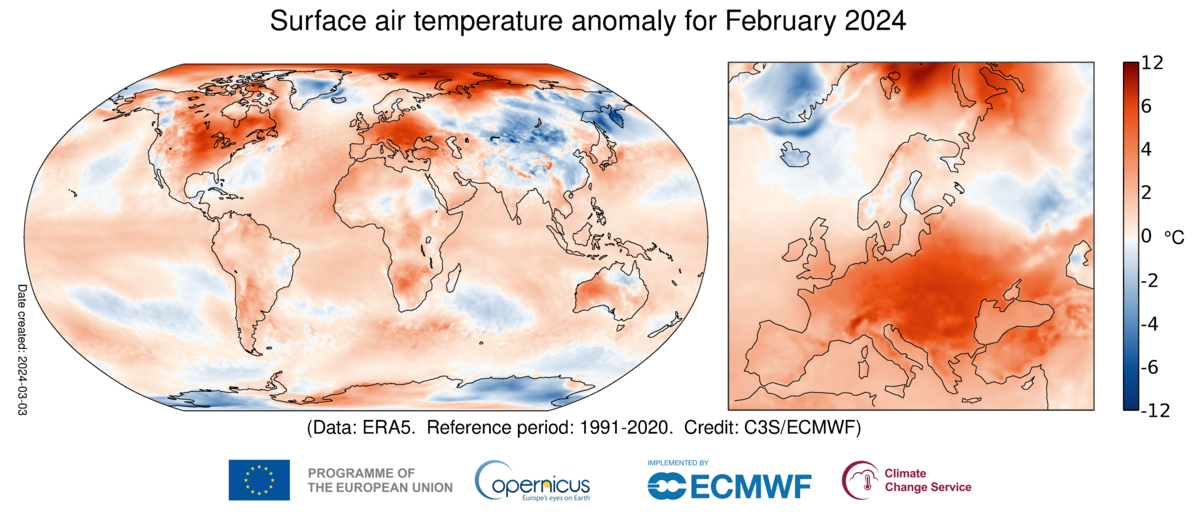 Anomálie přízemní teploty vzduchu pro únor 2024 ve srovnání s únorovým průměrem za období 1991-2020. 
