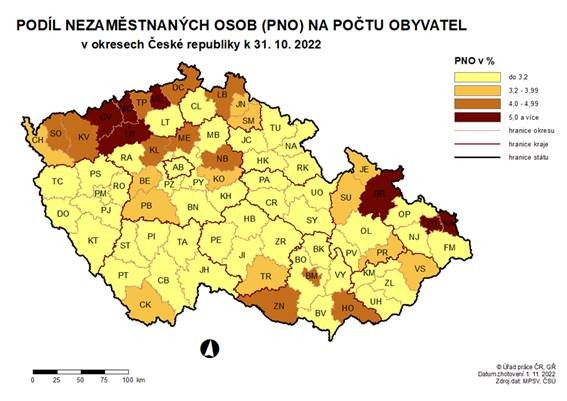 Podl nezamstnanch osob na potu obyvatel v okresech R k 31. 10. 2022