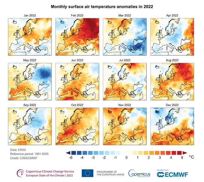 Průměrné anomálie přízemní teploty vzduchu pro každý měsíc roku 2022 ve vztahu k příslušnému měsíčnímu průměru za referenční období 1991-2020. Zdroj dat: ERA5. Kredit: C3S/ECMWF
