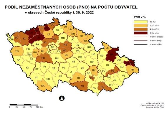 Podl nezamstnanch osob na potu obyvatel v okresech R k 30. 9. 2022