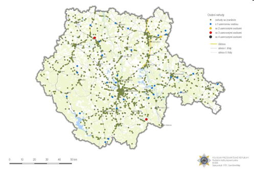 Mapa Dopravn nehody s nsledky na ivot a zdrav v Jihoeskm kraji v roce 2020