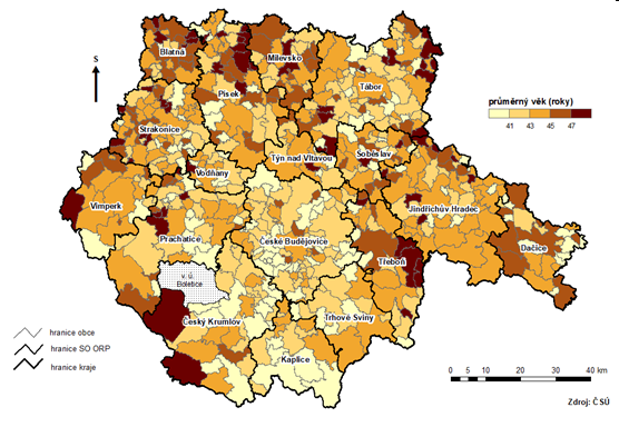 Kart.2 Prmrn vk obyvatel v obcch Jihoeskho kraje v roce 2023
