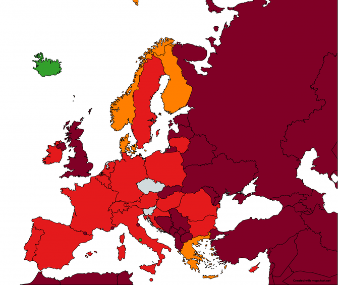 Mapa Seznamu evropskch zem podle mry rizika nkazy 26022021