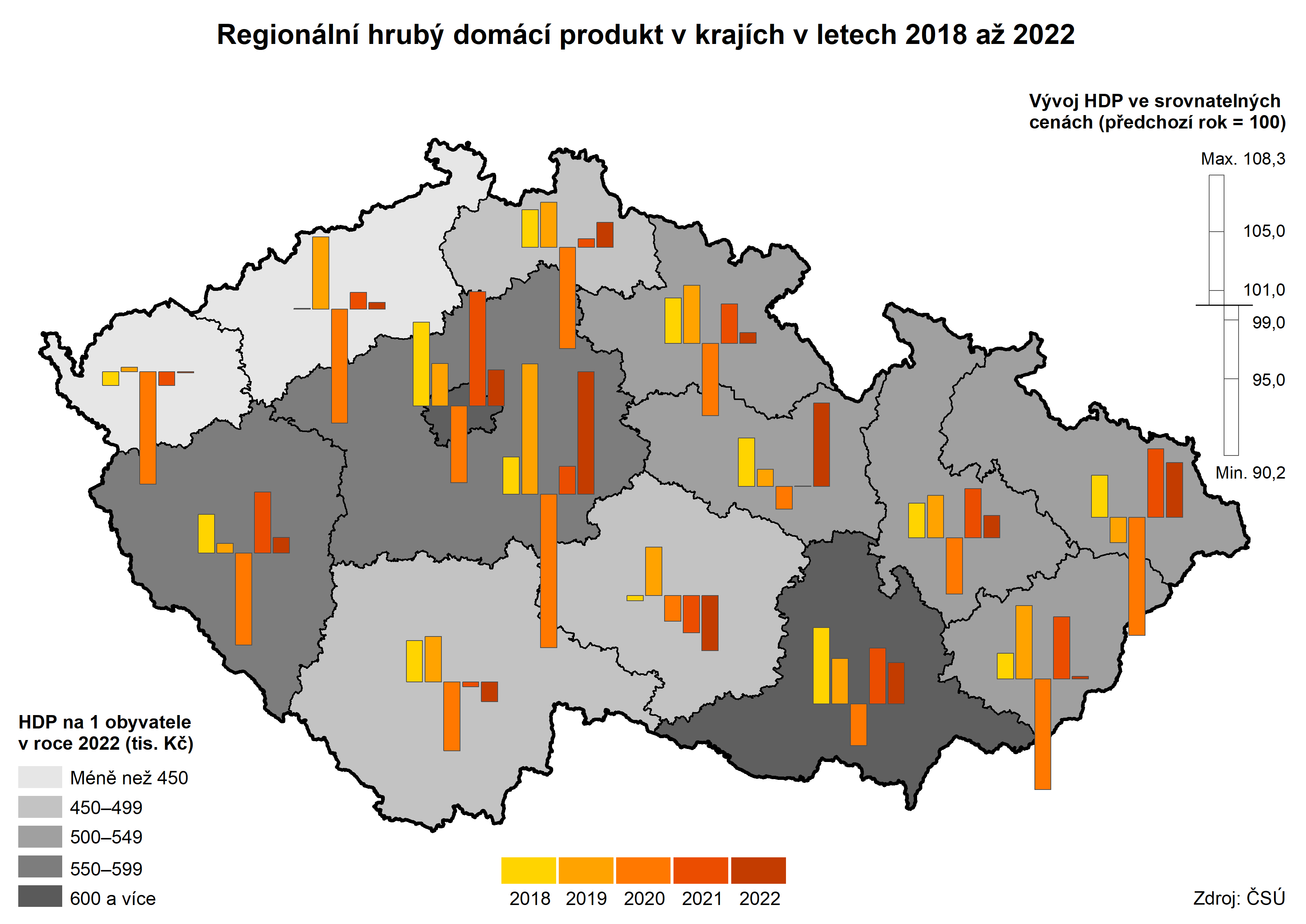 Kartogram: Regionln HDP v krajch v letech 2018 a 2022