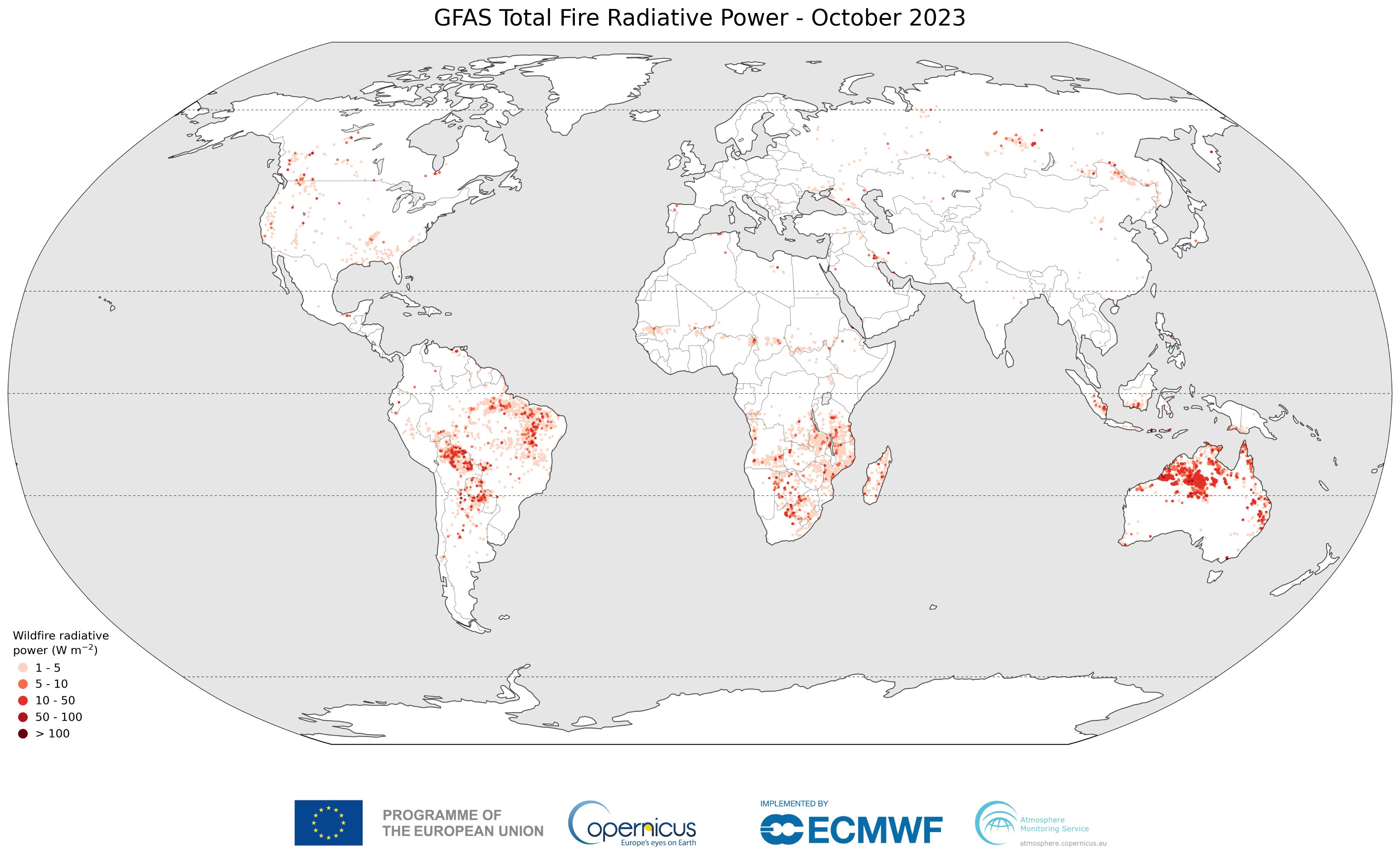Globální celkový zářivý výkon požárů GFASv1.2 pro říjen 2023.