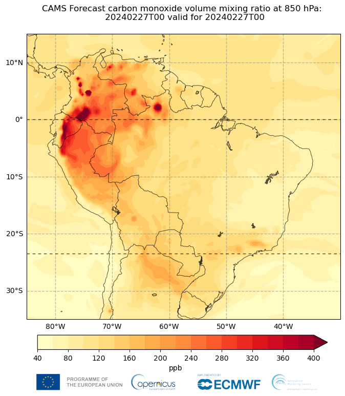 Copernicus Předpověď směšovacího poměru oxidu uhelnatého v hladině 850 hPa nad Jižní Amerikou v rámci systému CAMS inicializovaná 27. února v 00 UTC.