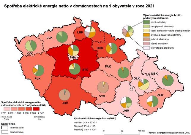 Kartogram: Spoteba elektrick energie netto v domcnostech na 1 obyvatele v roce 2021